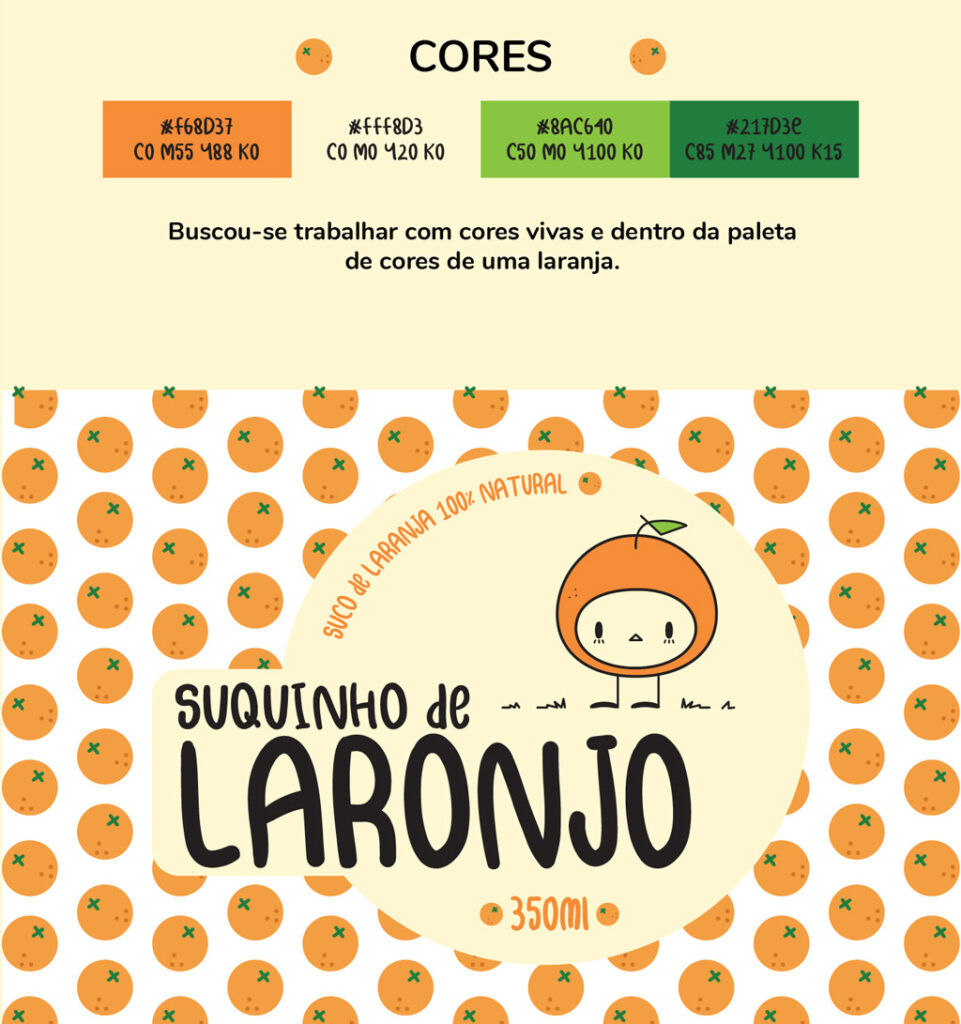 Imagens que descrevem o conceito e o processo de desenvolvimento do projeto de identidade visual de Suquinho de Laronjo.