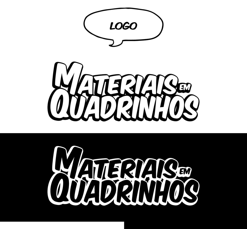 Imagens que descrevem o conceito e o processo de desenvolvimento do projeto de identidade visual de Materiais em Quadrinhos.