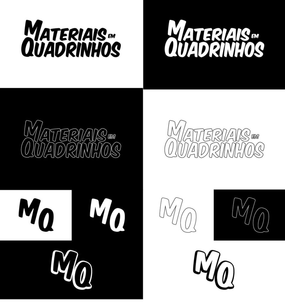 Imagens que descrevem o conceito e o processo de desenvolvimento do projeto de identidade visual de Materiais em Quadrinhos.